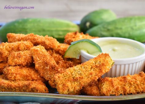 Deep Fried Cucumbers, Fried Cucumbers Air Fryer, Fried Cucumber Recipes, Spicy Cucumbers, Vegan Fried Pickles, Spicy Korean Cucumber, Fried Cucumbers, Vegan Hot Cross Buns, Cucumber Sauce