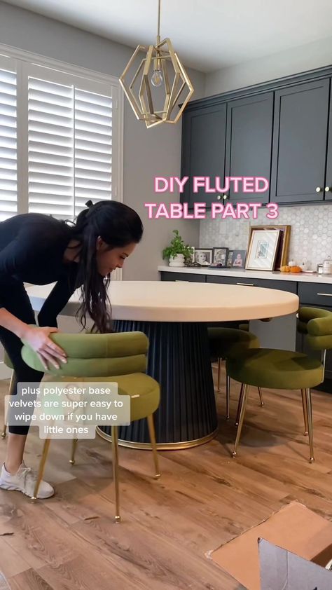 Upcycle this dining table into a contemporary DIY fluted table with me... | TikTok Fluted Kitchen Table, Bubble Leg Dining Table, Diy Round Pedestal Dining Table, Fluted Entry Table, Diy Table Pedestal Base, Diy Oval Table, Diy Pedestal Dining Table, Diy Fluted Dining Table, Diy Dining Table Top