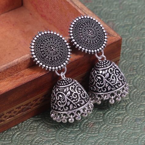 Oxidized Jhumkas, Black Metal Jewelry, Oxidized Jewellery, Diy Earrings Easy, Trendy Jewellery, Indian Accessories, Jewellery Photography, Oxidized Silver Earrings, Oxidised Silver Jewelry