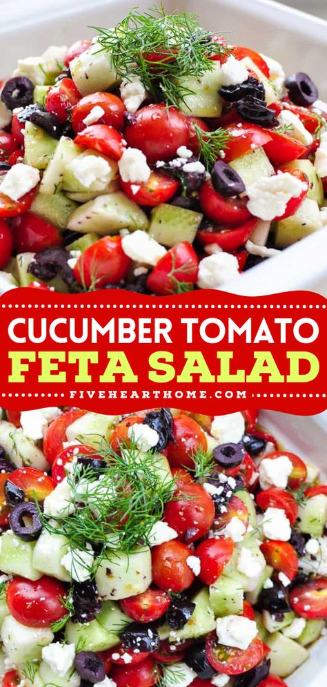 Make the most of the season's produce in this easy side dish for BBQs! It's a must-have Memorial Day food idea or 4th of July recipe. Complete with olives and dill, this Cucumber Tomato Feta Salad is so flavorful. Enjoy this fresh summer salad today! Cucumber Tomato Feta Salad, Tomato Feta Salad, Salad With Olives, Recipe Cucumber, Cucumber Feta Salad, Summer Side Dishes Recipes, Feta Salad Recipe, Tomato Salad Recipes, Feta Salat