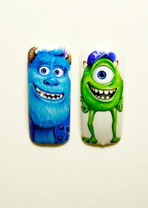 Monsters Monsters Inc Nail Art, Monster University Nails, Animated Nails, Monster Inc Nails, Nail Art Dessin, Disney Themed Nails, Sculpted Gel Nails, Disney Inspired Nails, Monster Inc