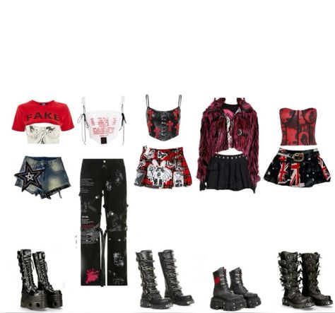 red and black, rockstar, punk vibes, stage outfit Red And Black Outfits For Concert, Band Member Outfits, Black And Red Performance Outfit, Punk Stage Outfits, Red And Black Concert Outfit Ideas, Red Kpop Outfits, Stage Performance Outfits Kpop, Stage Outfits Red, Kpop Stage Outfits Ideas 5 Members