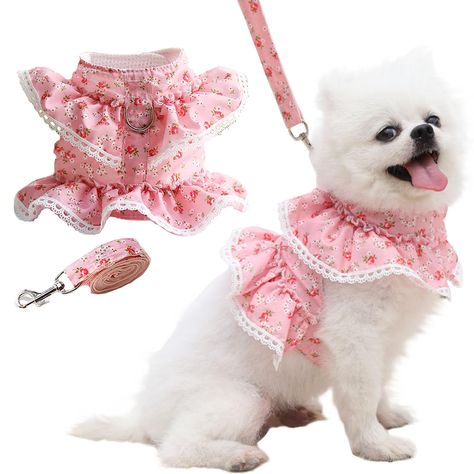 PRICES MAY VARY. 🌸【Breathable Dog Harness】This cute dog vest harness is made of polyester, lined with soft and breathable air mesh, this dog dress will keeps your dog cool during outdoor activities. Your dog will enjoy the daily walk in this comfortable dog harness. 🌸【No Pull & Adjustable】Package included 1 × dog harness vest with D Ring，1 × 3.9ft dog leash with a 360-degree rotation metal hook, easy control and you don’t need to buy an extra collar. And designed with adjustable double touch f Pink Girl Outfits, Harness For Small Dogs, Puppy Leash, Dog Accesories, Dog Harness Dress, Puppy Harness, Dog Vest Harness, Designer Dog Clothes, Pet Sweater