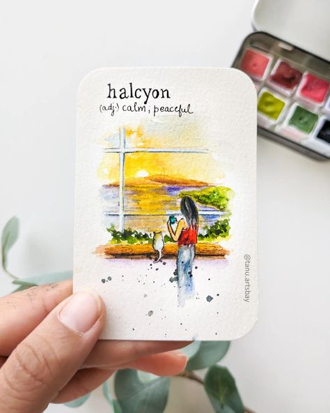 Day 48/100 SUNSHINE Here is another interesting word "HALCYON" which means calm, peaceful, prosperous, golden, happy, joyful, carefree 🤩 Are your days HALCYON? 🤪 Can you spot one silly mistake I did in this painting?? 🤓 A small Watercolour illustration. Hope you like it 🤗 . . . . . . . . smallpaintings #100dayproject2024 #100daysofart #artprompt #the100dayproject #artprompts #ａｅｓｔｈｅｔｉｃ #PositiveVibesArt #100daysofsketchingofficial #100daysofwonder2024 #aquarelle_daily #easywatercolor... Watercolour Journal, Illustrated Maps, Sky Art Painting, Doodle Books, Diy Birthday Gifts For Friends, Miniature Paintings, Watercolor Journal, Vibes Art, Friends Diy