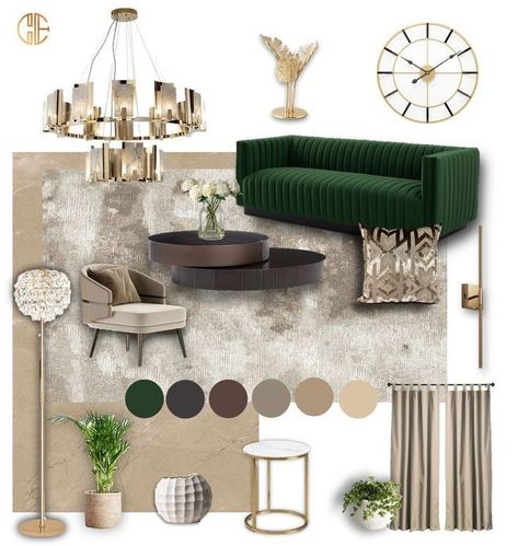 Olive Green And Gold Home Decor, Glam Art Deco Living Room, Emerald Gold Black Living Room, Living Room With Green And Gold Accents, Green And Gold Apartment Aesthetic, Army Green Living Room Decor, Sage Green Gold Living Room, Decor Pieces Living Rooms, Living Room Green And Gold