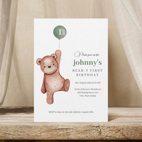 Teddy Bear Sage Green First Birthday Party Invitation Teddy Bear Picnic Birthday Party Invitations, Beary First Birthday Invitation, Sage Green First Birthday, Green First Birthday, Teddy Bear Invitations, Bear First Birthday Party, Baby Bear Birthday Party, Teddy Bear First Birthday, Teddy Bear 1st Birthday