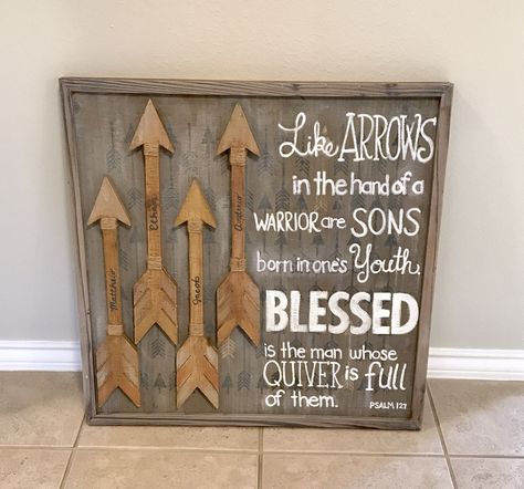 Father's Day gift!  "Like arrows in the hand of a warrior are sons born in one's youth. Blessed is the man whose quiver is full of them." Psalm 127:4-5 (NIV) #fathersday #arrows #sons #blessed #psalm127 Like Arrows In The Hands Of A Warrior, Raising Arrows Scripture, Quiver Of Arrows, Arrow Baby Shower, Tattoo Arrow, Raising Arrows, Psalm 127, Youth Room, Trendy Tattoo