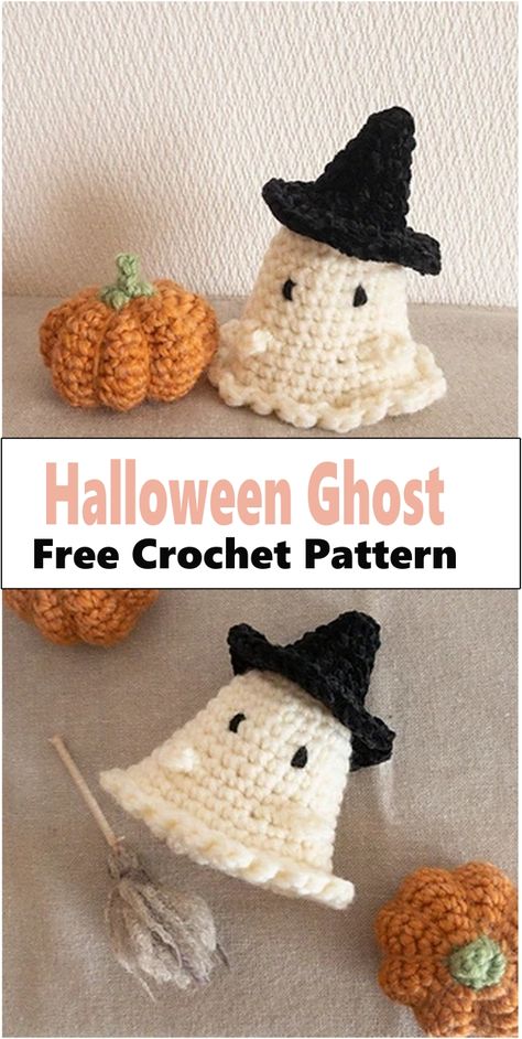 Crochet Ghost And Pumpkin Pattern, Beginner Crochet Projects Halloween, Free Halloween Crochet Patterns For Beginners, Free Mini Ghost Crochet Pattern, Pumpkin Ghost Crochet, How To Crochet A Ghost Step By Step, October Crochet Patterns, Knitted Ghost Pattern, Halloween Decoration Crochet