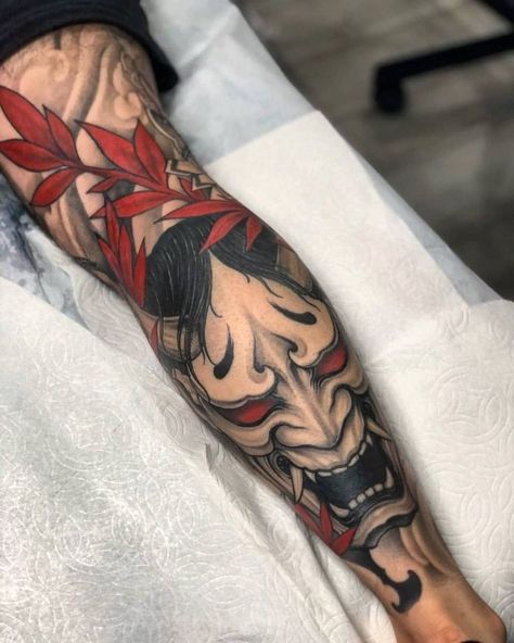 Hannya Maske Tattoo, Tato Irezumi, Hanya Mask Tattoo, Hannya Maske, Japanese Mask Tattoo, Calf Tattoo Men, Japanese Leg Tattoo, Oni Mask Tattoo, Oni Tattoo