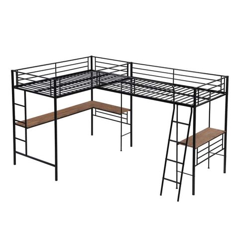 Twin Size L-Shaped Metal Loft Bed with Two Built-in Desks and Ladder , Black - Bed Bath & Beyond - 39823832 Wooden Desks, Corner Loft, Attic Bed, Metal Loft Bed, Bed Wooden, Loft Bed Frame, Loft Bunk Beds, Twin Size Loft Bed, Loft Beds