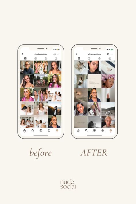 Before & after Instagram brand makeover for makeup artist AF Makeup Artistry by Nude Social | Social Media Management Agency Aesthetic Makeup Marketing Ideas Social Media, Makeup Artist Ig Feed, Social Media Management Aesthetic, Makeup Artist Social Media, Agency Aesthetic, Social Media Manager Aesthetic, Artist Manager, Brand Instagram, Instagram Brand