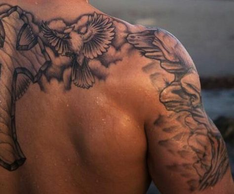 Back piece Cloud Shoulder Tattoo, Front Shoulder Tattoo Men, Front Shoulder Tattoo, Shoulder Tattoo Men, Eagle Back Tattoo, Cloud Tattoo Sleeve, Private Tattoos, Tattoo Inspiration Men, Cloud Tattoo