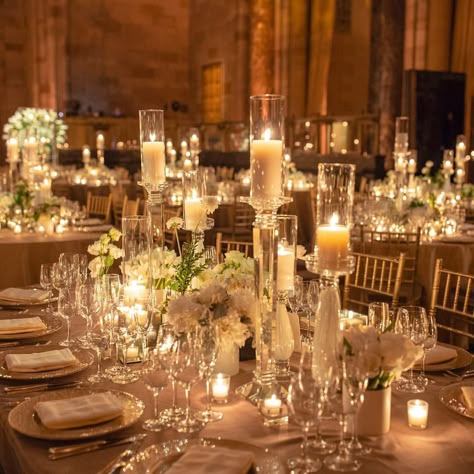 Bardin Palomo Event Design | Bring the “Wow” to dinner with non-color color and TONS of candlelight. Cipriani’s 42nd Street, Manhattan. | Instagram Candlelight Wedding Reception, Candle Light Wedding, Wedding Candles Table, Candle Lit Wedding, Elegant Wedding Themes, Wedding Reception Lighting, Table Arrangements Wedding, Classic Wedding Decorations, Dream Wedding Decorations