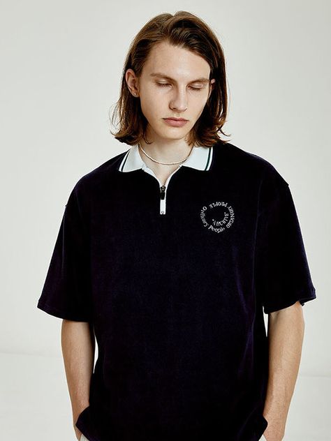 "Editor's NotesThis sporty polo shirt has a half zip and striped ribbed collar in a contrasting color and is embroidered with a logo in a circle shape. It's cut for a comfortable fit from cotton terry.- Ribbed collared neck- Half-zip fastening- Logo embroidery on the chest- Drop shoulder- Short sleeves- Loose fit- Unisex wear- Minimize shrinkage and distortionMeasurements (in.) 1 / 2 - Shoulder: 21.9 in. / 22.8 in.- Chest: 22.6 in. / 23.6 in.- Sleeve Length: 9.4 in. / 9.8 in.  - Total Length: 28 Circle Shape, A Circle, Logo Embroidery, Embroidery Logo, Half Zip, Drop Shoulder, Contrasting Colors, Comfort Fit, Polo Shirt