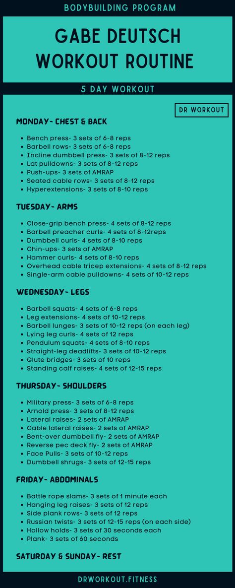 Gabe Deutsch’s Workout Routine Workout Plan Deutsch, Full Workout Plan, Dr Workout, 5 Day Workout Plan, Split Workout Routine, Split Workout, Celebrity Workouts, 5 Day Workouts, Dana Lynn