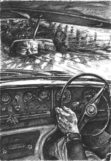 Fineliner drawing of the interior of a Jaguar MK10 driving into a sunset Car Mirror Drawing, People In Car Drawing, Driving A Car Drawing, Car Interior Drawing, Inside Car Drawing, Drawings Of Rooms, Expedition Drawing, Drive Inktober, Drive Sketch