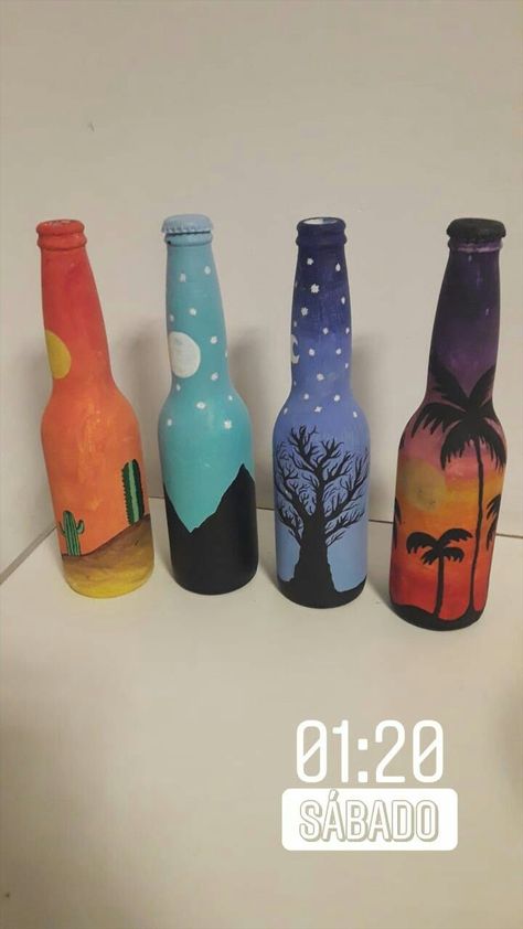 Painted Glass Bottles Diy Decor, Recycle Wine Bottles, Glass Bottle Painting Designs, Bottle Glass Art, Cut Wine Bottles, Bottle Craft Ideas, Beer Bottle Art, Reuse Wine Bottles, Beer Bottle Crafts