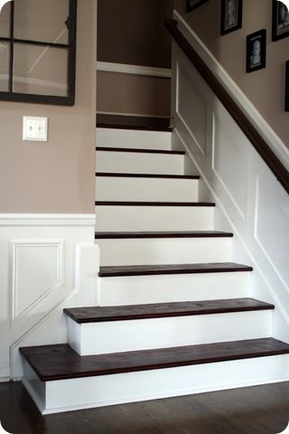 Love the idea of no carpet to vacuum on the stairs! Stair Colors, Updated Stairs, Pretty Stairs, Stair Redo, Replace Carpet, Wainscoting Height, Basement Steps, Carpet Diy, Dining Room Wainscoting