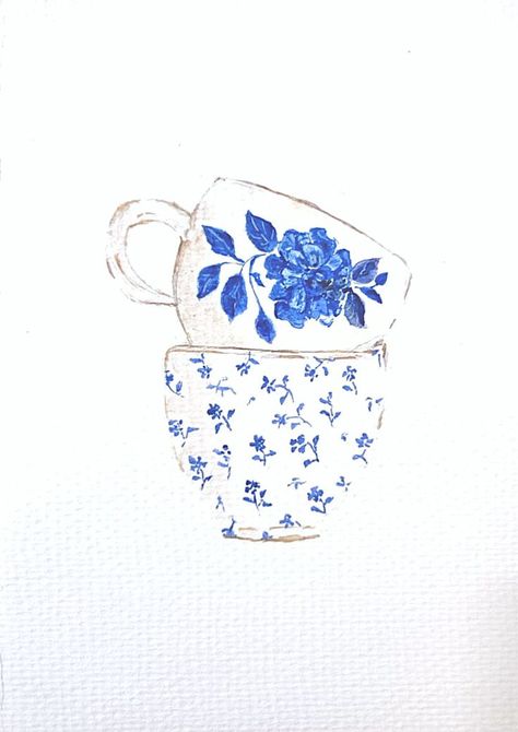 Watercolor Teacup, Tea Cup Drawing, Water Colour Ideas, Posters Dorm, Blue And White Watercolor, Tea Journal, Cottage Illustration, Lounge Art, Floral Watercolor Painting