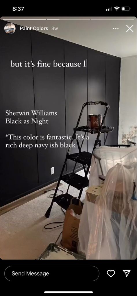 Black Accent Wall Boys Bedroom, Black Bedroom Paint Colors, Black Of Night Sherwin Williams, Sherwin Williams Black Of Night, Black Bedroom Ideas For Men, Accent Wall Boys Bedroom, Black Wall Paint, Office Gym Room, Black Accent Wall Bedroom