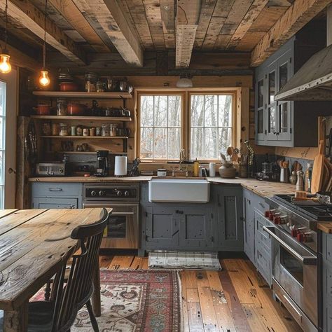 Black Stove, Log Cabin Interior, Cottagecore Home, Black Appliances, Dark And Moody, Cabin Kitchens, Tiny House Cabin, Split Level, Cabin Homes