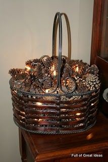 Christmas 2013 Pine cone basket with lights #Christmas #holiday #decor Pine Cone Diy, Pine Cone Wreaths, Christmas Lighting Ideas, Pinecone Crafts Christmas, Christmas Pine Cones, Holiday Baskets, Diy Pinecone, Christmas Lighting, Pine Cone Decorations