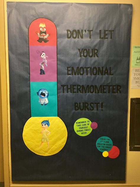 Thermometer Bulletin Board, School Social Work Bulletin Board Ideas, Social Emotional Bulletin Board Ideas Preschool, Inside Out Classroom Door Decorations, Inside Out Door Theme, Inside Out Themed Classroom, Feelings Bulletin Board Ideas, Inside Out 2 Classroom Theme, Inside Out Bulletin Board Ideas