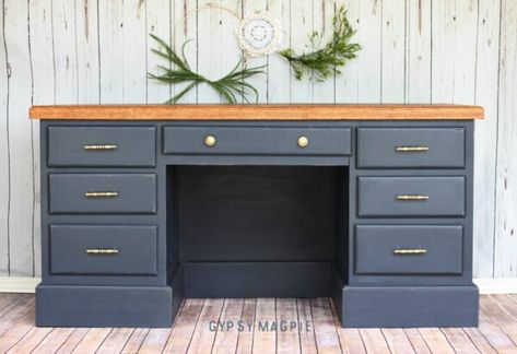 Remodeled Furniture, Blue Office Desk, Desk Colors, Navy Desk, Refinished Desk, Restoration Furniture, Refurbished Desk, Desk Makeover Diy, Desk Redo