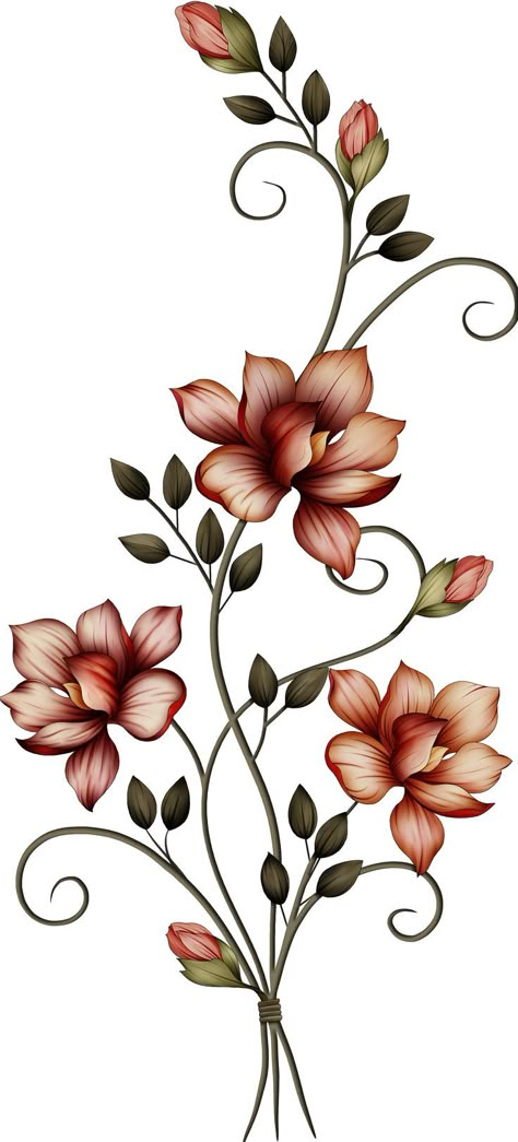 Digital Botanical Flower Png, Mugal Flower Png, Rose Flower Png, Png Motifs, Vine Drawing, Red Rose Tattoo, Botanical Flower Art, Png Flower, Flowers Drawing