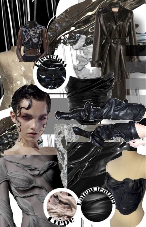 Sculpted topsFuture trend inspoMoodboardMoodboard inspo. Concept Board Fashion Design, Material Board Fashion Design, Fashion Design Moodboard Inspiration, Abstract Mood Board, Futuristic Fashion Moodboard, Fashion Mood Board Aesthetic, Material Board Fashion, Moodboard Ideas Layout, Fashion Moodboard Layout