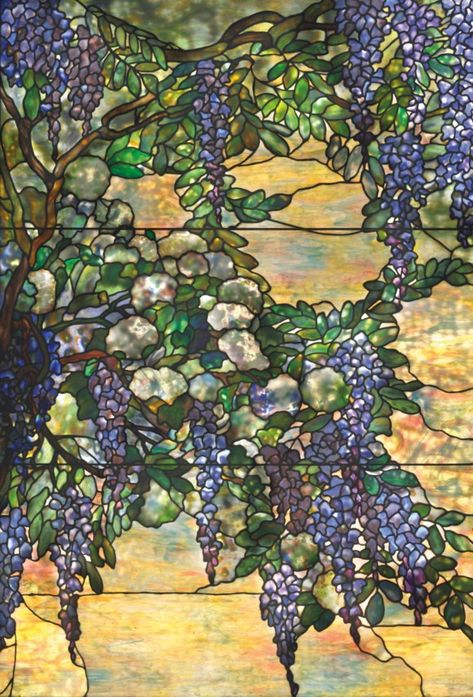 TIFFANY STUDIOS | A 'SNOWBALL AND WISTERIA' WINDOW, CIRCA 1902 | 1900s, flowers & plants | Christie's Wisteria Window, Colorful Shrubs, Art With Meaning, Leaded Glass Windows, Stained Glass Window Panel, Tiffany Stained Glass, Louis Comfort Tiffany, Stained Glass Flowers, Tiffany Glass