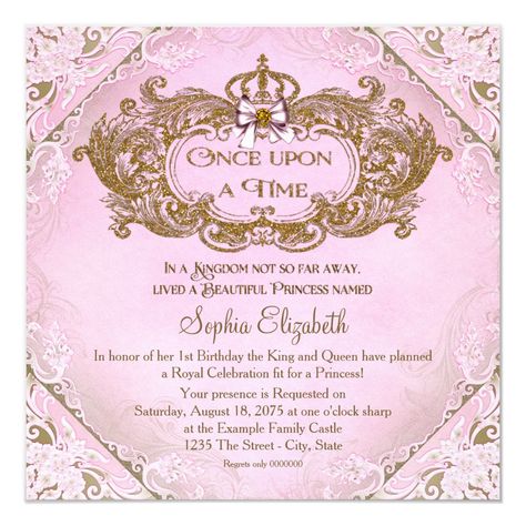 Once Upon a Time Princess 1st Birthday Princess Birthday Party Invitations, Princess First Birthday, Pink And Gold Birthday Party, Princess Theme Birthday, Princess Birthday Invitations, 1st Birthday Party Invitations, 1st Birthday Cards, Fairy Birthday Party, Gold Birthday Party