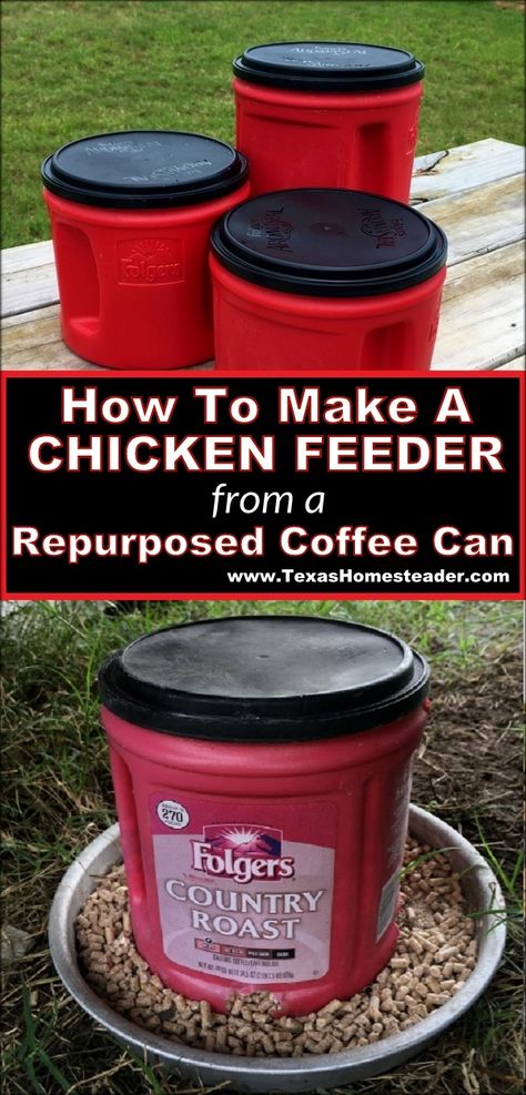 Repurposed Coffee Can Chicken Feeder Diy Mess Free Chicken Feeder, Decorating With Old Chicken Feeders, Chicken Diy Feeder, Chicken Feeders Diy Homemade, How To Make A Chicken Feeder, Milk Jug Chicken Feeder, Easy Chicken Feeders Diy, Automatic Feeder For Chickens, Diy Hanging Chicken Feeder