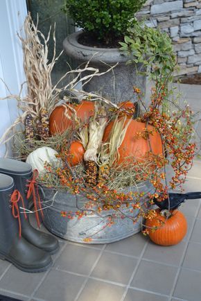 Three Pixie Lane: October 2011 Thanksgiving Decorations Outdoor, Fall Porches, Pumpkins And Gourds, Fall Front Porch Decor, Fall Arrangements, Metal Bucket, Fall Thanksgiving Decor, Fall Deco, Autumn Decorating