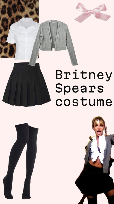 a Britney Spears costume with a pleated black skirt a white button down shirt knee high black socks and a grey cardigan and a pink background Britney Spears Toxic Costume, Britney Spears Costume Ideas, Britney Spears Halloween Costume, Britney Spears Costume, Britney Spears Outfits, Britney Spears Toxic, 90s Halloween Costumes, Spirit Week, Fit Inspo