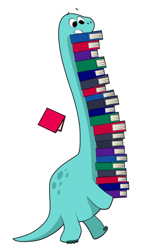 The cute blue dinosaur realized that he needed more knowledge, so he wants to read a lot of books. It's good that he has a long neck, thanks to which he can hold this large pile of books. The school... Cute Blue Dinosaur, More Knowledge, Blue Dinosaur, Pile Of Books, Preschool Art Activities, Library Decor, School Stickers, Long Neck, School Decorations