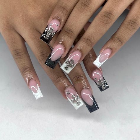 black and white croc print and cross square acrylic nails French With Cross Nails, Crosses On Nails, White Cross Nails, Black Cross Nails, Nails With Cross, Cross Nails, Long Square Nails, Black French Tips, Medium Nails