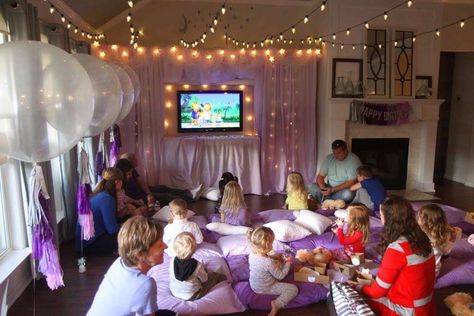 Movie Night Birthday Party Ideas | Photo 1 of 32 Indoor Movie Night Party, Pijamas Party Ideas, January Birthday Party Ideas, Movie Night Birthday Party Ideas, Girls Hangout, Indoor Movie Night, Pajamas Purple, Popcorn Movie Night, Ideas Sleepover