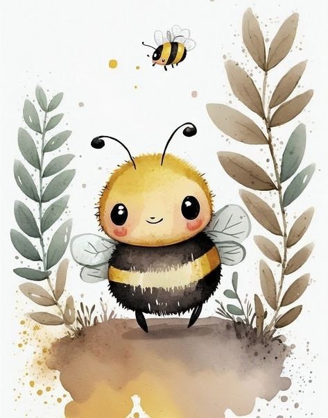 "The \"Cute Bee Printable Cartoon style digital art\" is a fun and whimsical piece of artwork that would make a delightful addition to any child's room or nursery. The artwork is created using a watercolor technique, giving it a soft and gentle feel that is perfect for young children. This piece of digital art is available for instant download, making it a convenient option for busy parents who want to quickly and easily add some charm to their child's room. The printable format also allows for customization, so you can print it at home or at a local print shop and choose the size that works best for your space. The bee in this artwork is rendered in a cute and friendly cartoon style, with big eyes and a charming smile that is sure to delight young children. The soft pastel colors used in Bumble Bee Art, Bee Drawing, Nursery Art Decor, Bee Painting, Cartoon Bee, Bee Baby, 8x10 Art Prints, Watercolor Wall, Bee Art