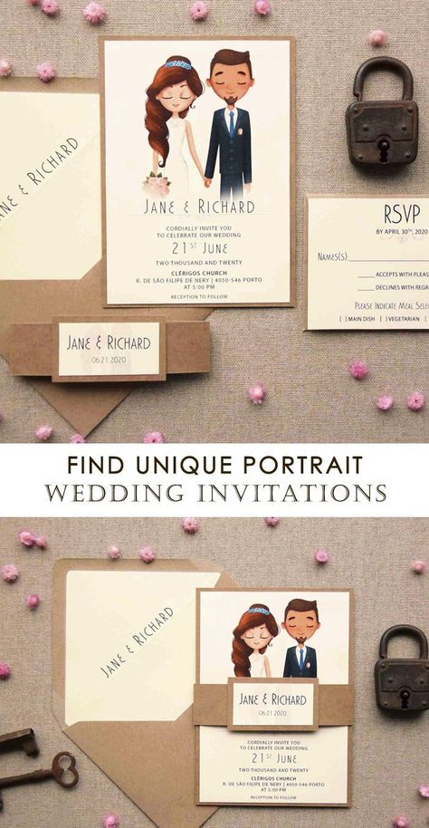 The Portrait Wedding Invitations are just SO CUTE! Want a certain color hair or bouquet? No problem! We can personalize everything, starting with the hair, accessories, mouth, color skin, bouquet, dress, earrings, and so on! Have the most customized wedding invitations ever!  #portraitweddinginvitations #portrait #brideandgroom #brideandgroominvitations #rusticinvitations #rusticweddinginvitations Smaller Wedding, Portrait Wedding Invitations, Wedding Invitations Unique, Wedding Invitations With Pictures, Bouquet Dress, Dress Earrings, Color Skin, Lace Wedding Invitations, Portrait Wedding