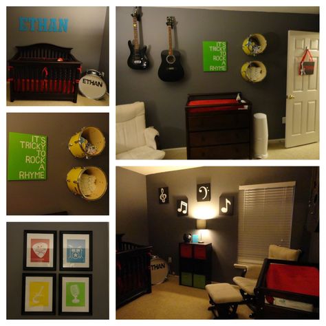 I have drums...hubby needs to get on shelves pronto Rockstar Nursery, Rock N Roll Nursery, Nuetral Nursery, Music Themed Nursery, Music Nursery, Baby Girl Nursery Ideas, Girl Nursery Ideas, Small Nurseries