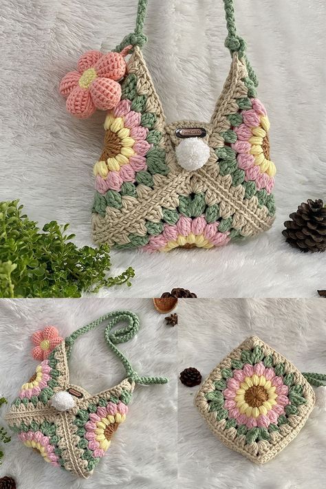 Diy Crochet Flowers Tutorial, Crocheted Purses, Diy Crochet Flowers, Tote Crochet, Men Crochet, Free Crochet Bag, Crochet Bag Pattern Free, Mode Crochet, Pola Amigurumi