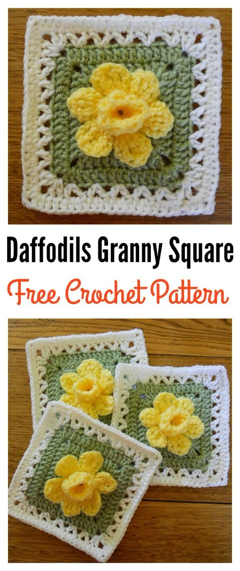 Free 3D Daffodils Granny Square Crochet Pattern Butterfly Granny Square Pattern, Crochet Flower Granny Square Pattern, Granny Square Pattern Free, Square Crochet Pattern, Granny Pattern, Flower Granny Square, Granny Square Crochet Patterns Free, Crochet Flowers Free Pattern, Crochet Granny Square Blanket