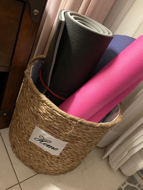 Basket - yoga mat storage Yoga Storage Basket, Yoga Accessories Storage, Exercise Organization, Yoga Basket, Rooftop Gym, Yoga Storage, Oak Art, Yoga Mat Holder, Yoga Mat Storage