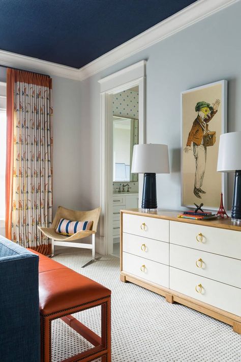 A glimpse inside the vibrant living spaces of this Florida lake house Red Upholstered Bed, Florida Lake House, Contemporary Girls Bedroom, Purple And Grey Bedding, Blue And White Lamps, Earth Tone Bedroom, Blue Boys Bedroom, Blue And White Bedding, Boys Room Blue