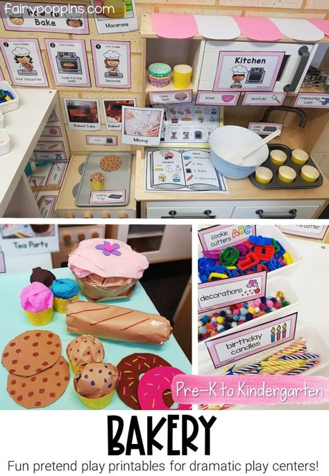 This bakery dramatic play center is a fun way for kids to learn about baking and what baker's do. It's great for a community helper theme. #bakerydramaticplay #bakerypretendplay #teaparty #playkitchen #baking #bakery #communityhelper #communityhelpers #communityhelperactivities #pretendplay #dramaticplaycenter #pretendplaycenter #preschool #prek #kindergarten Preschool Bakery Theme, Dramatic Play Bakery, Bakery Role Play, Bakery Dramatic Play Preschool Free Printable, Kindergarten Bakery Dramatic Play, Playdough Area, Play Bakery, Pretend Play Printables, Cooking Theme