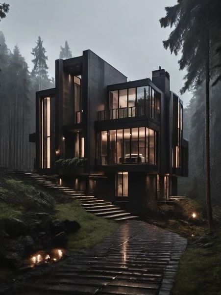 Black Interior Mansion, Modern Goth Home Exterior, Hyper Modern House, Black Mansions Luxury, Dark Wood Mansion, Gothic Modern House Exterior, Dark Luxury House Exterior, Dark House Aesthetic Exterior, Goth Modern House