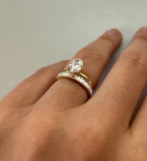 Wedding Band Set Oval Ring, Gold Baguette Wedding Ring, Silver Wedding Ring Gold Band, Thick Gold Wedding Band Oval Engagement Ring, Gold Wedding Band Oval Engagement Ring, Baguette Band With Oval Ring, Oval Diamond And Wedding Band, Baguette Wedding Band Stacked, Oval Ring With Thick Wedding Band