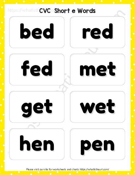 Cut and use as flash cards.  These Short “e” flash cards are bright and big.Please download the PDF: CVC Flashcards for Short e Cvc Flashcards, Cvc Short A, Consonant Vowel Consonant Words, Short A Words, Short E Sound, Vowel Consonant, Consonant Words, Short E Words, A Words