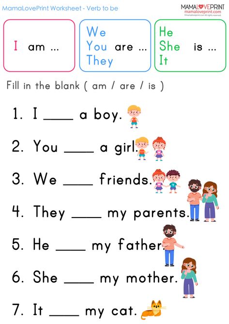 MamaLovePrint . Grade 1 English Worksheets . Verb To Be (is , am , are) PDF Free Download Is Am Are Worksheets, Year 1 English Worksheets, Grade 1 English Worksheets, Capacity Worksheets, Verbs Activities, Math Fact Worksheets, Writing For Kids, Verb To Be, Kids Questions